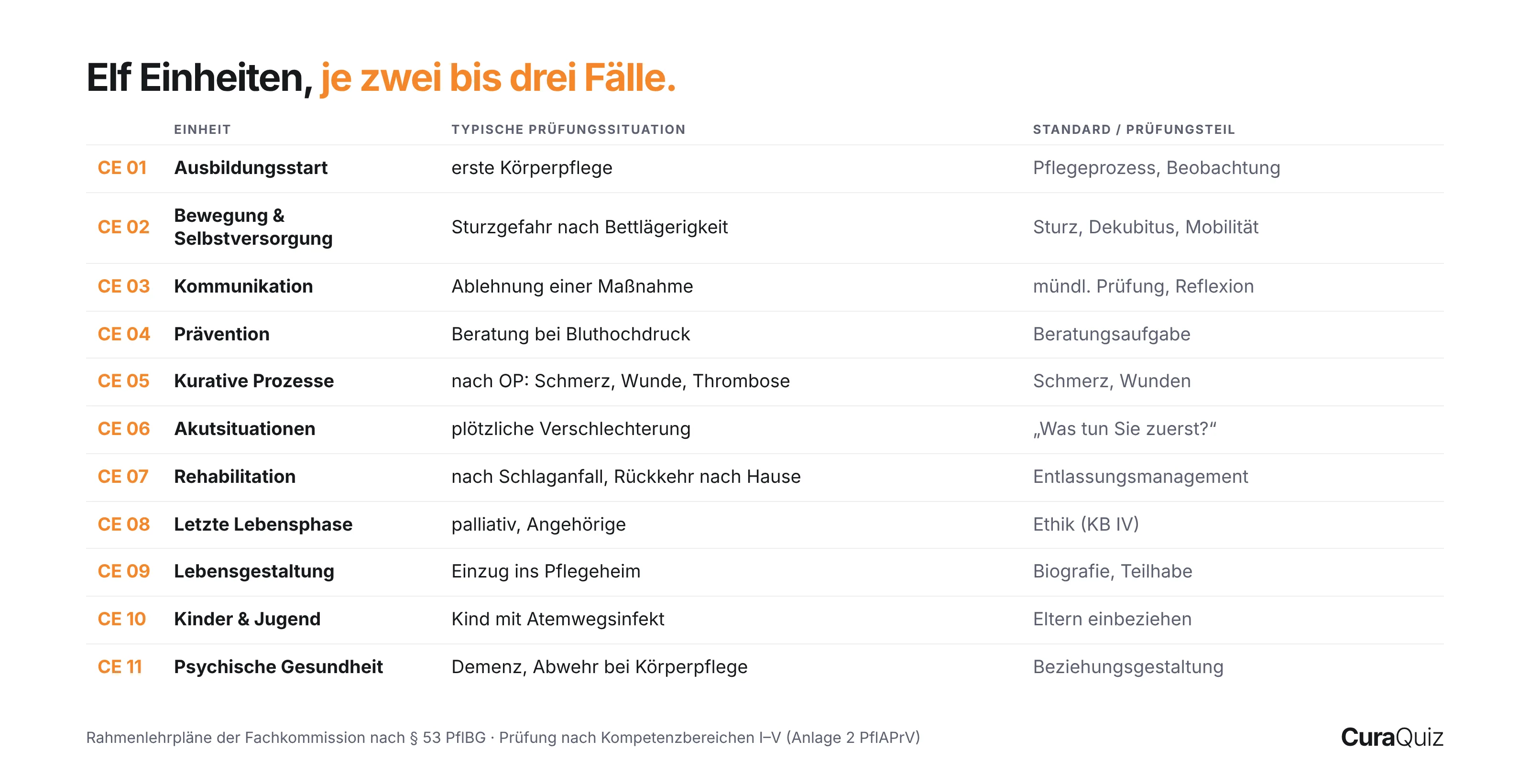 Tabelle der 11 curricularen Einheiten mit typischen Pflegesituationen und Expertenstandards je Einheit