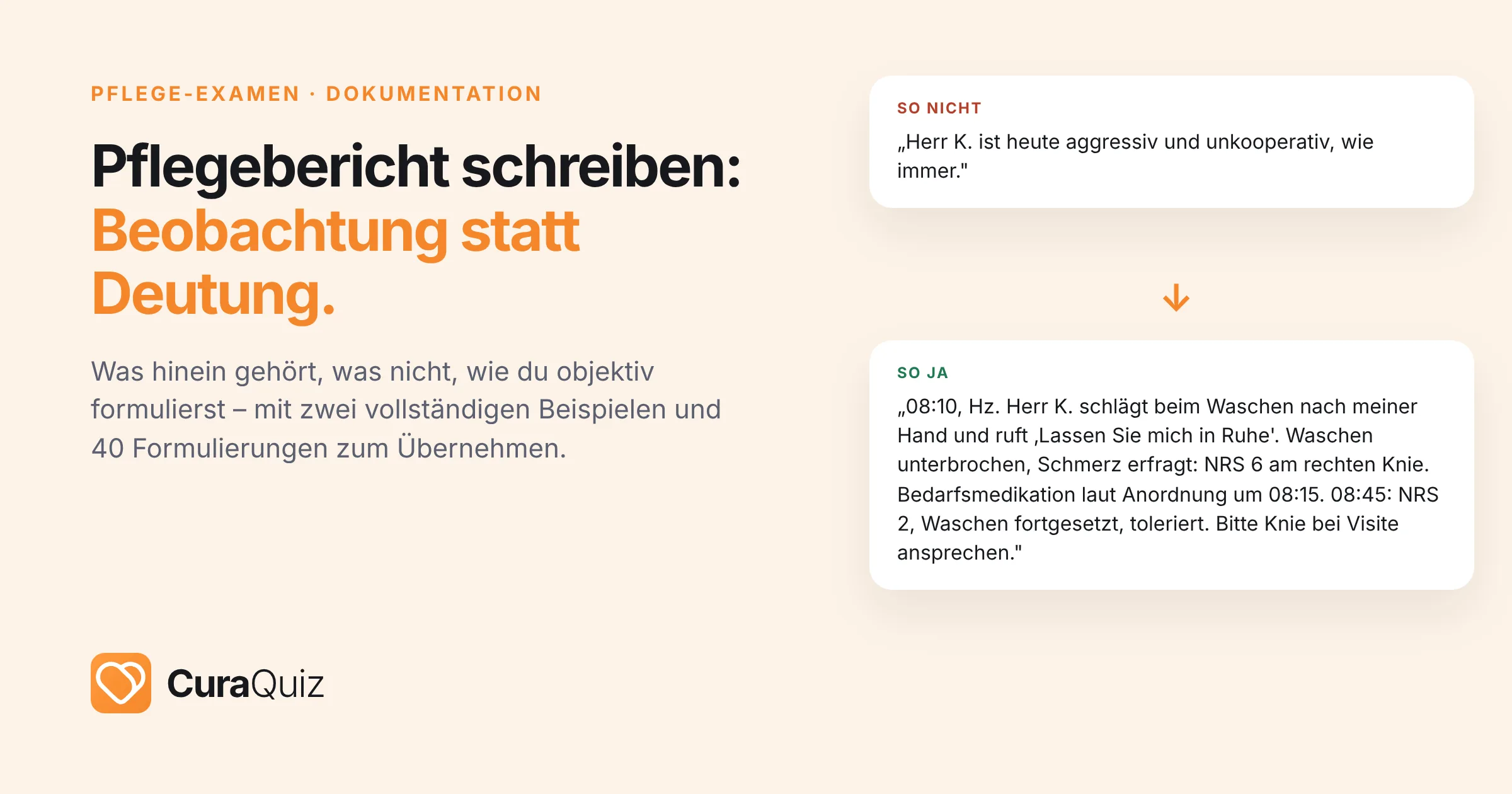 Pflegebericht schreiben: objektive Beobachtung statt Deutung, mit Datum, Uhrzeit und Handzeichen